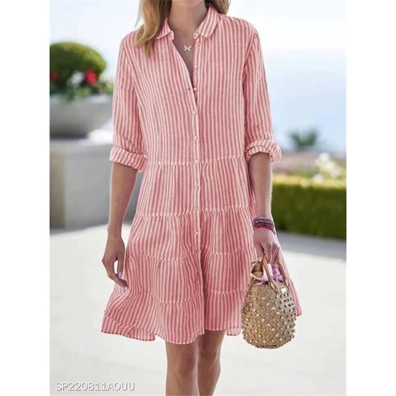 Damen Gestreiftes Hemdblusenkleid Knopfleiste 3/4 Ärmel Stufen Mini-Kleid Lässig Sommer Locker Strandkleid
