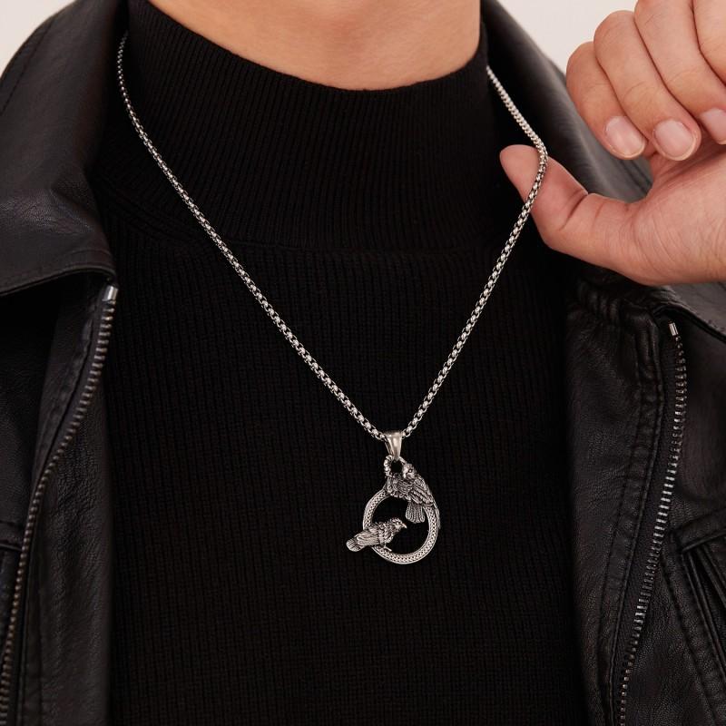 Vintage Necklace Men's Stainless Steel Hollow Ring Double Crow Hip-hop Punk Style Titanium