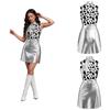 Women Disco Outfit Sleeveless Back Invisible Zipper Printed Bodice Side Slit Metallic Dress with Neckerchief for Halloween Cosplay Theme Party