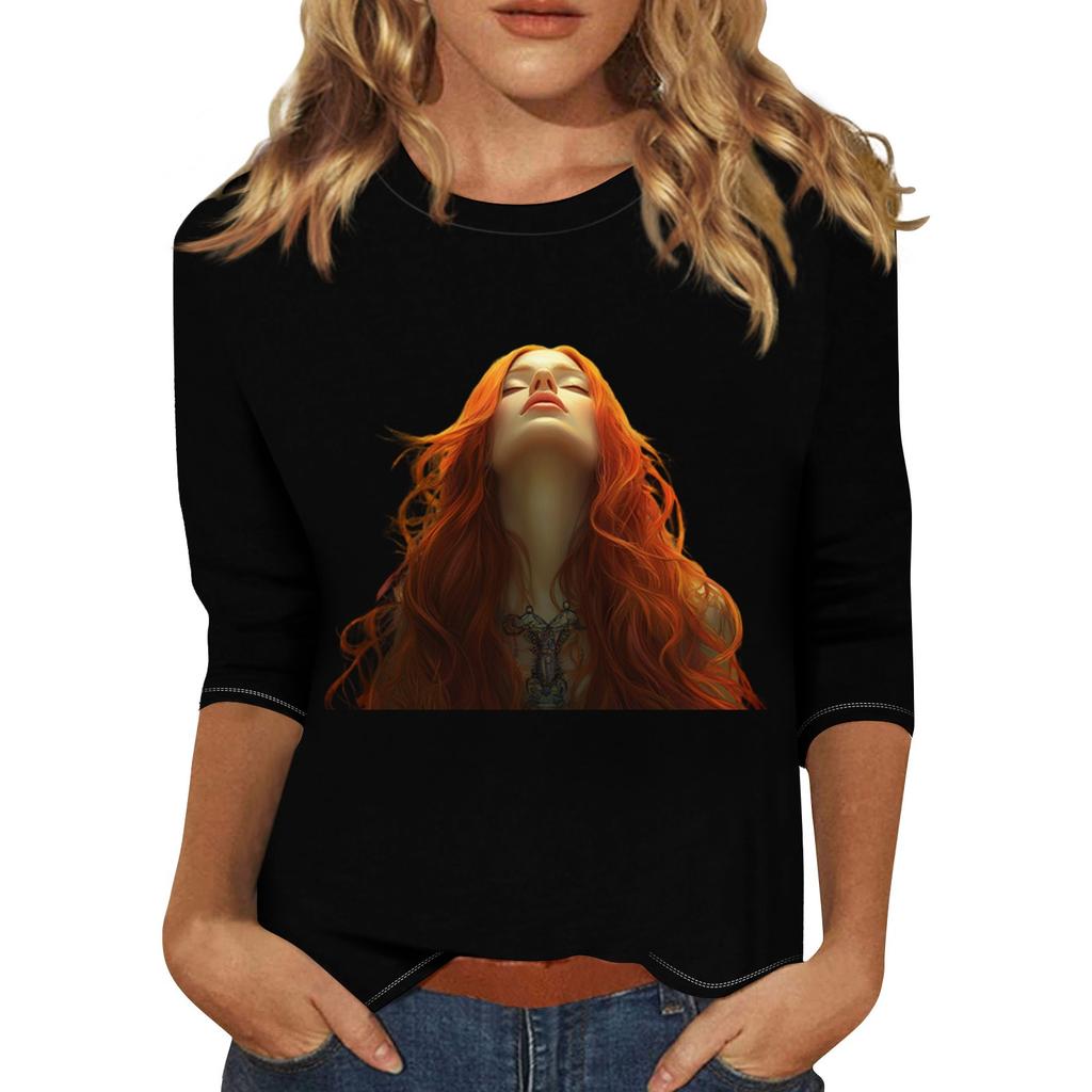 Women's Fashion Casual Three-quarter Sleeve Character Printed Round Neck Pullover Top