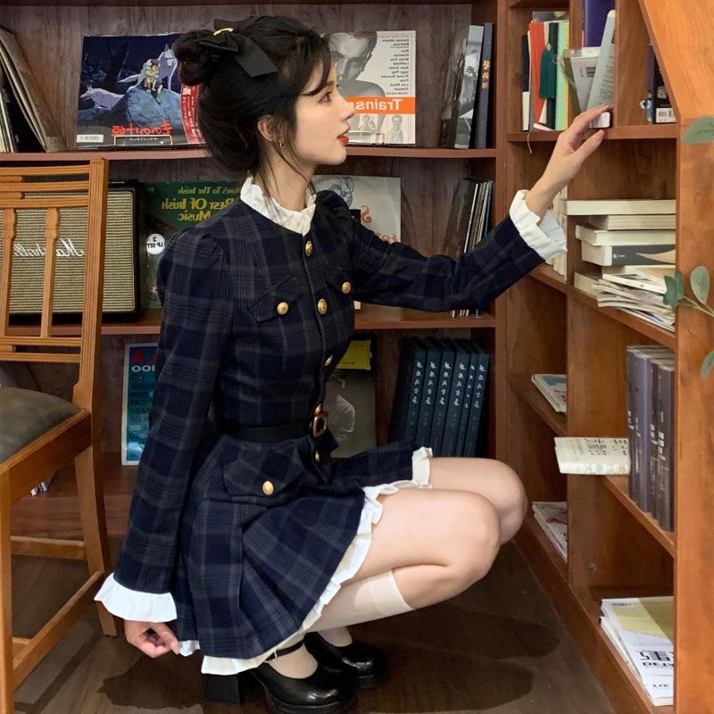 

«G Xiaoxiang Style Korean Fashion Slim Fit Gold Button Plaid Dress» L