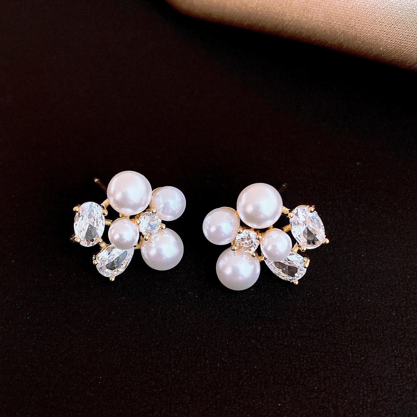 French retro zircon flower pearl stud earrings light luxury versatile earrings elegant earrings women