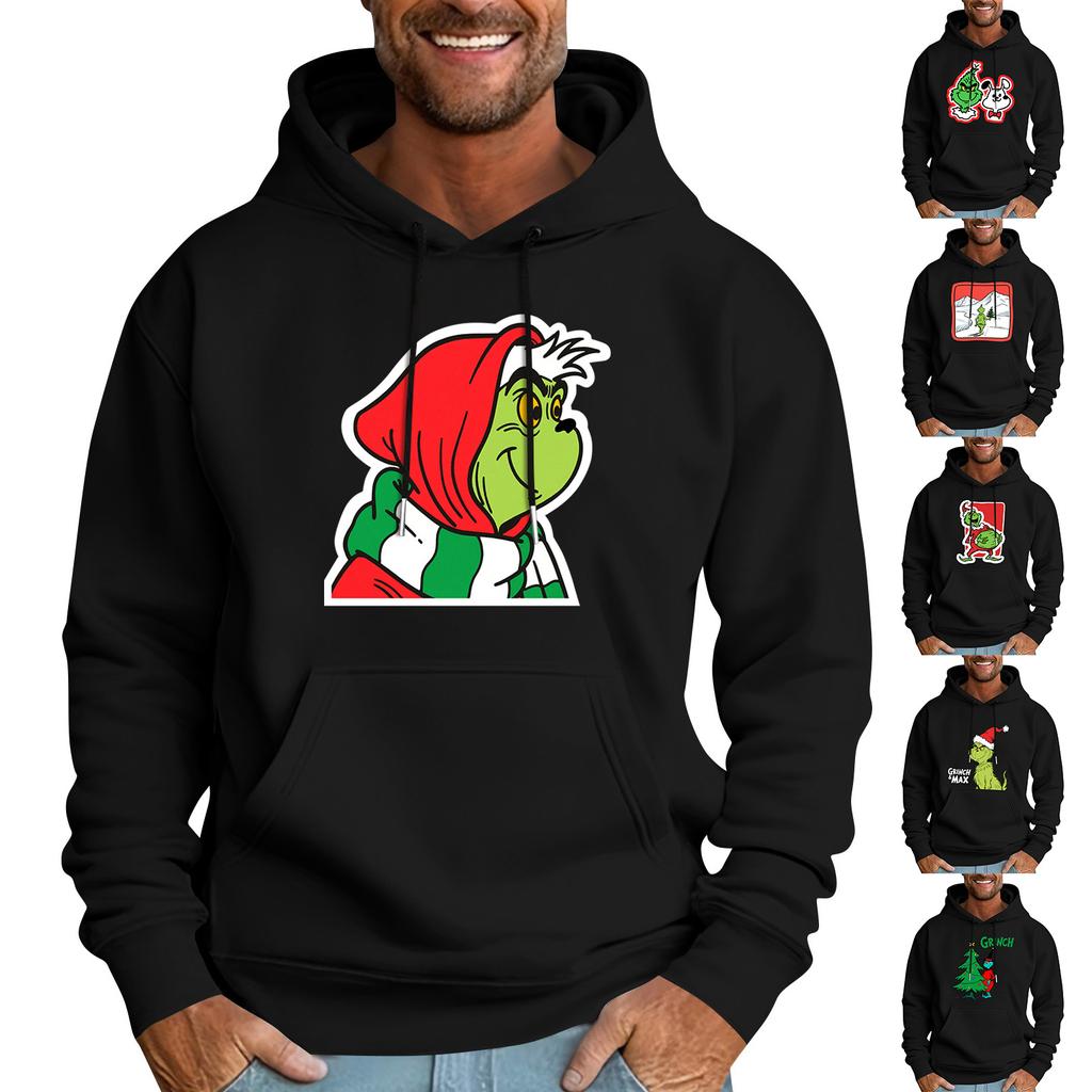 Men's Casual Sports Hooded Pocket Christmas Print Long Sleeve Sweatshirt