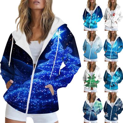 Damen Weihnachts-Sweatshirt mit Aufdruck Winter Langarm Strickjacke Jacke mit Taschen Reißverschluss Kapuzenpullover Oberbekleidung