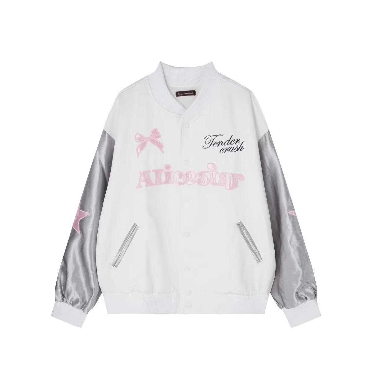 

Женская бейсбольная куртка с вышивкой в виде банта - Сладкий и острый корейский стиль, дизайн в стиле колор-блок для весны и осени M белый