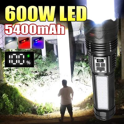 Torcia elettrica ad alta potenza super luminosa da 600 W, torcia integrata da 5400 mAh, zoom anti-luce, luce da campeggio per esterni ricaricabile