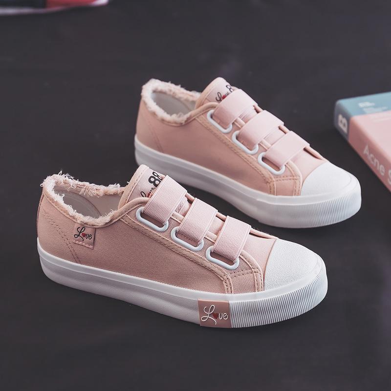 Dámské plátěné tenisky na suchý zip v korejském stylu - Ulzzang trend 2024, ležérní studentské bílé boty