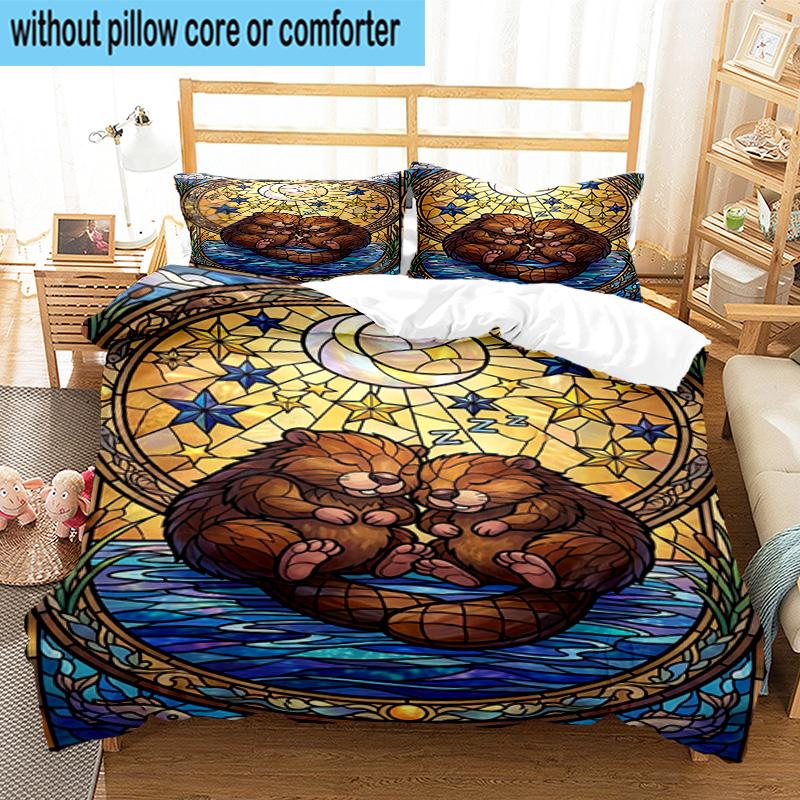 Starry Groundhog Illustration 3pcs Bedding,Including 1pc Duvet Cover And 2pcs Pillowcases Perfect for Christmas,Ideal for Bedroom, Dormitory