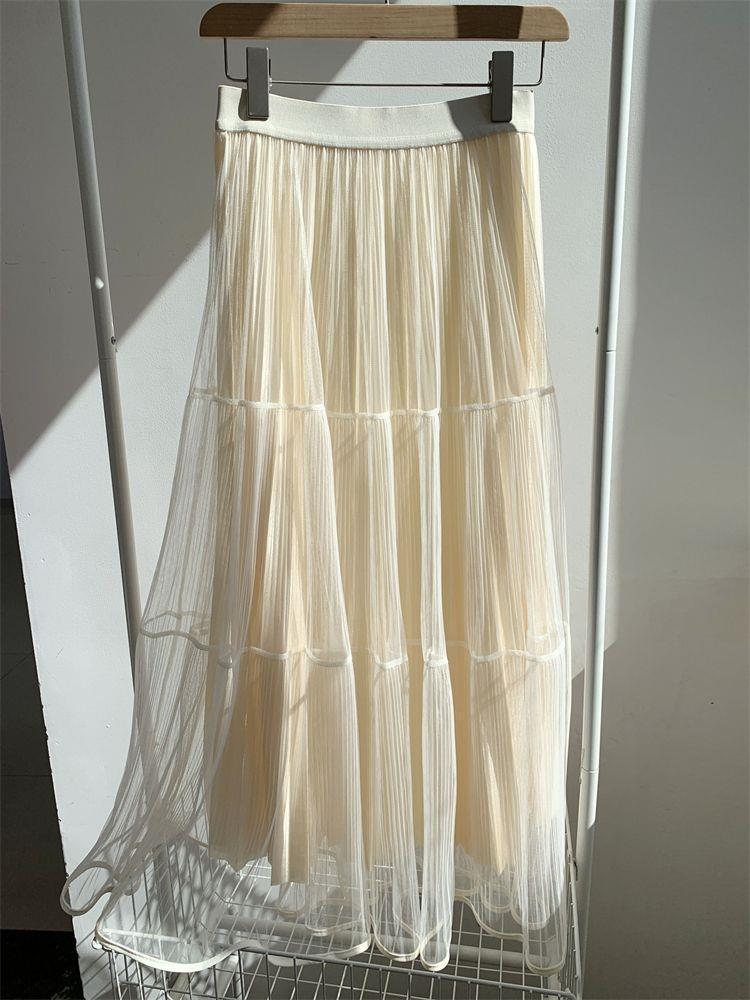 Elegant High-Waist Pleated Mesh Midi Skirt for Women - Summer Style