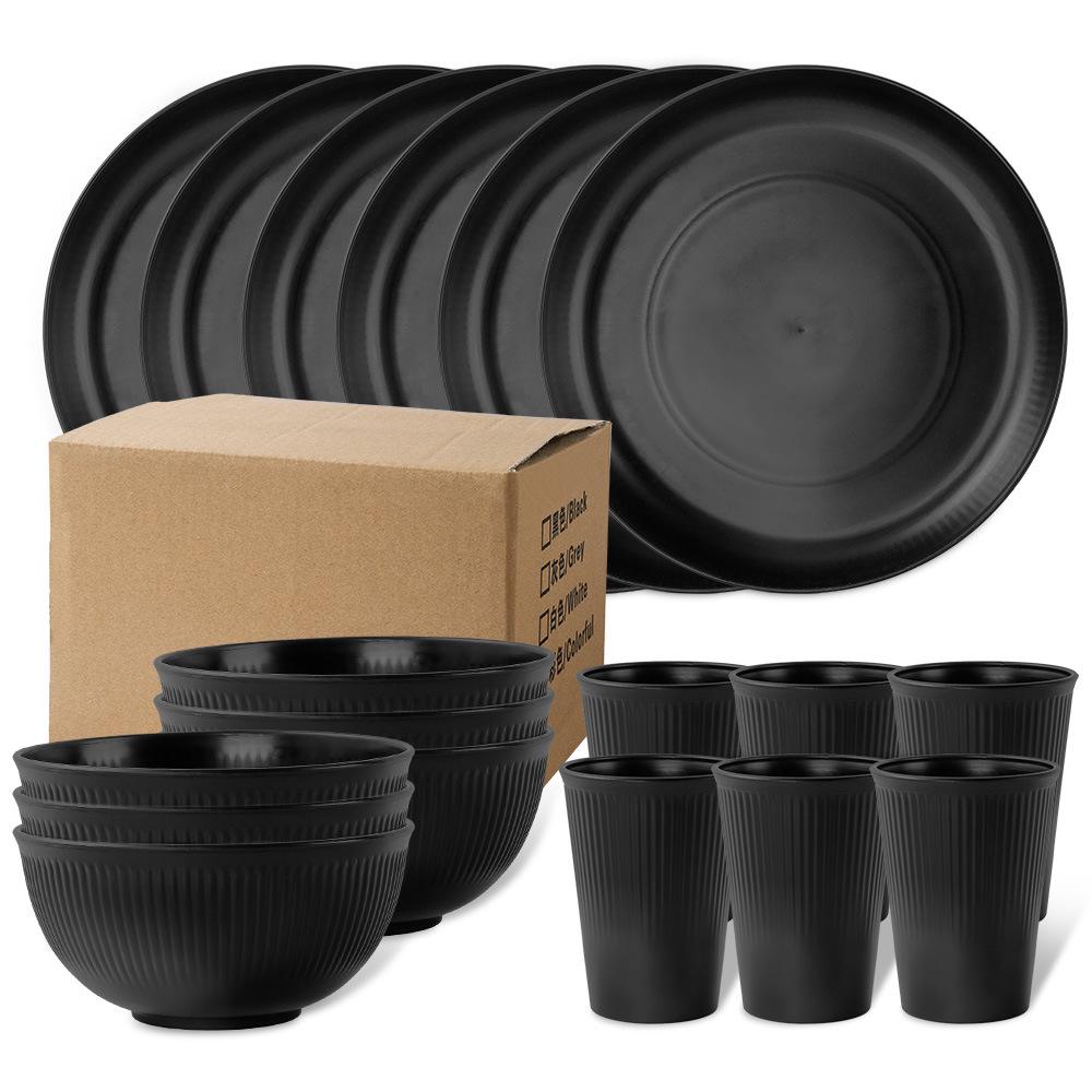 Black Wheat Straw 16PC Dinnerware Set: Plates, Bowls, Cups, Cutlery