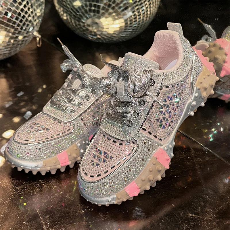 Fashion Women's Sport Shoes Crystal Sneakers Casual Flats Platform Shoes Woman 2025 Designer Brand Hiking Running Shoes Mujer Sandalias