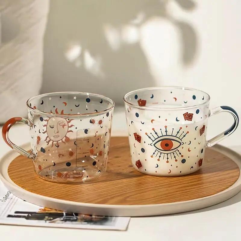 500ML Glass Cup With Scale Coffee Mug Breakfast Milk Drinkware Fruit Juice Cups For Couple Gift Creative Patterns