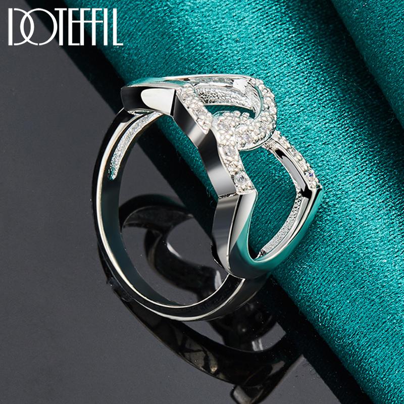 925 Sterling Silver Double Heart AAA Zircon Ring Fashion Wedding Jewelry