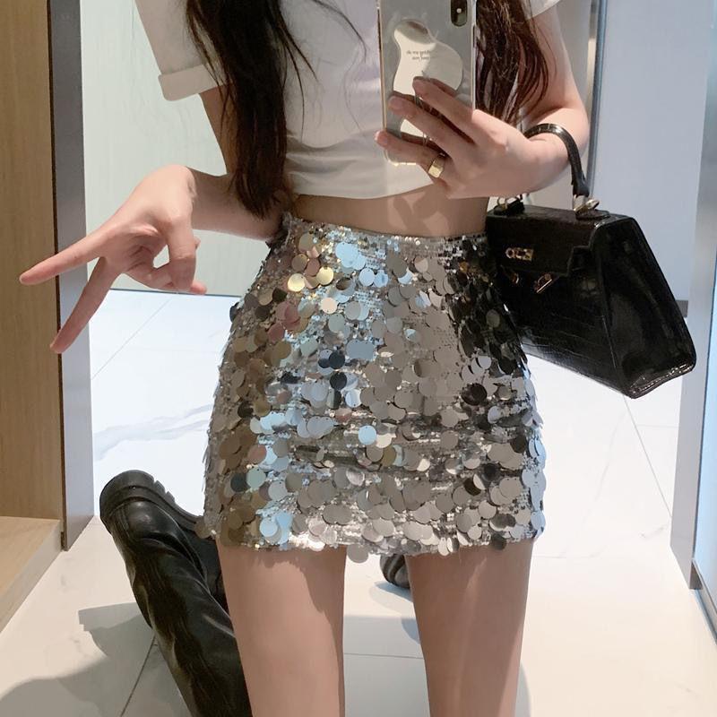 Minifuste cu paiete Femei Sclipitoare A-line Talie înaltă Fustă mulată pe șold Fete slabe Subțire Vară Primăvară Praty Elegantă Fustă de seară