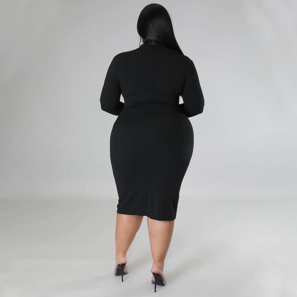 Plus Size European & American Fashion Casual Solid Color V-Neck Long Sleeve Dress