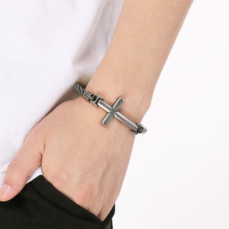 Chunky Stainless Steel Wire Chain Bangle Men's Personalized Classic Cross Bracelet Jewelry Gothic Vintage Black Accessory