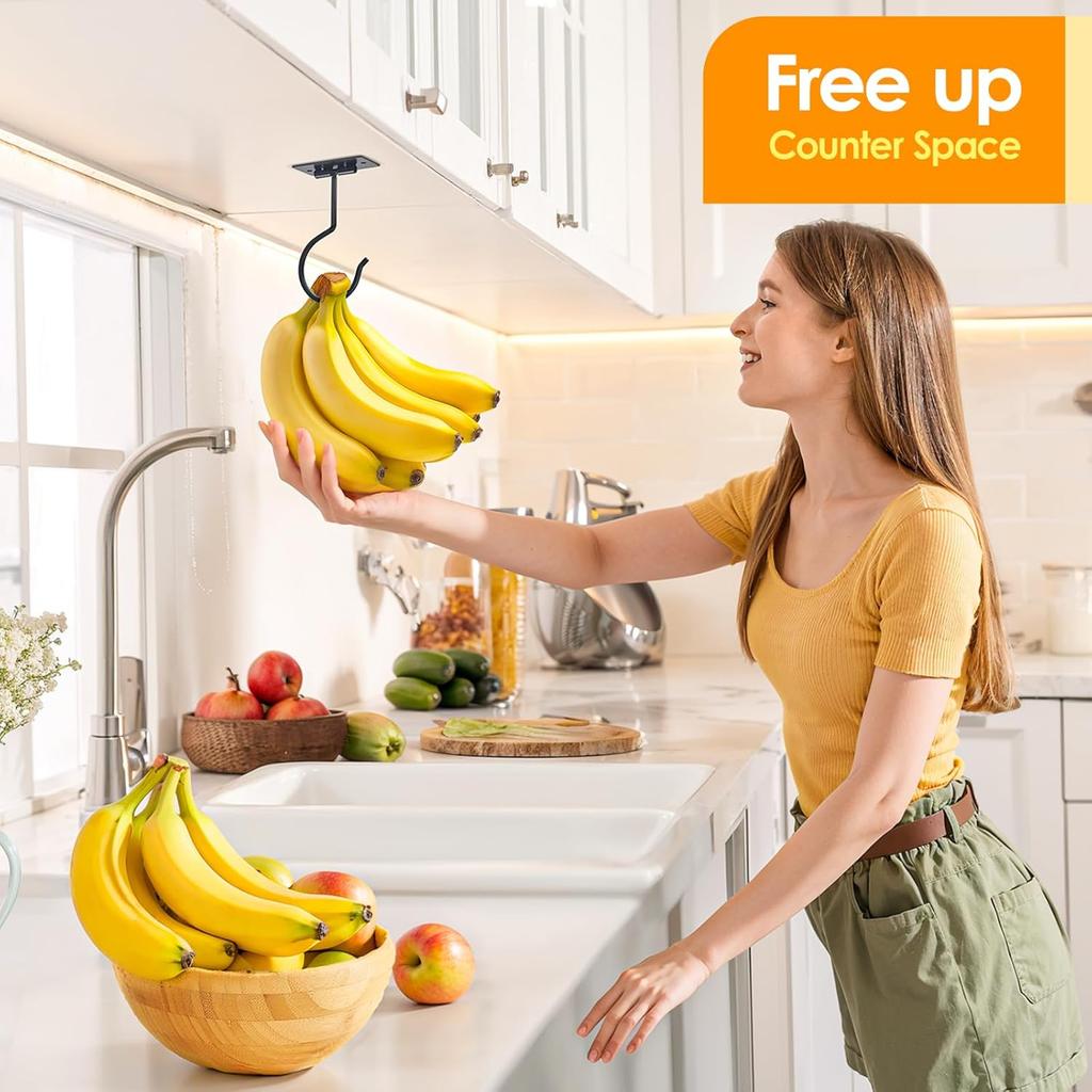 Self Adhesive Banana Hook Under Cabinet Foldable Banana Hanger Black Metal Under Counter Banana Hook to Keep Bananas Fresh Banana Holder for Kitchen