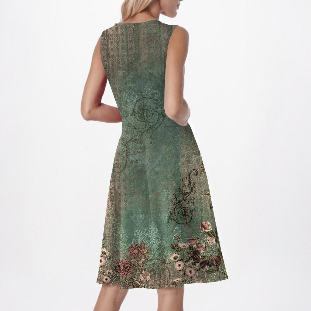 Women's Summer Sleeveless Casual Slim Fit Printed Vest Beach Swing A-Line Sun Skirt