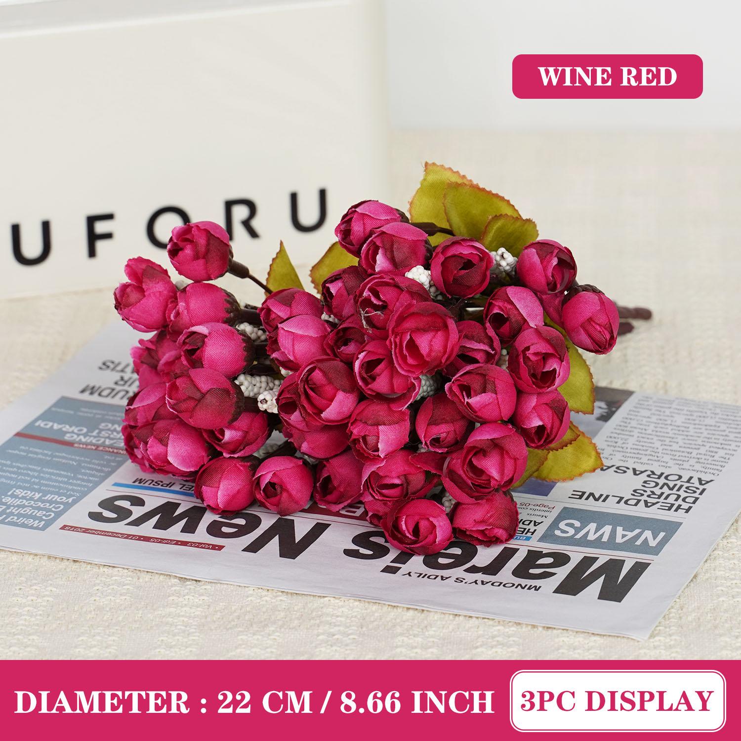 

1PC 15 Heads Artificial Silk Small Flower Buds Rose Pod Wedding Home Party Photography Decoration 1PC(no vase) бордовый