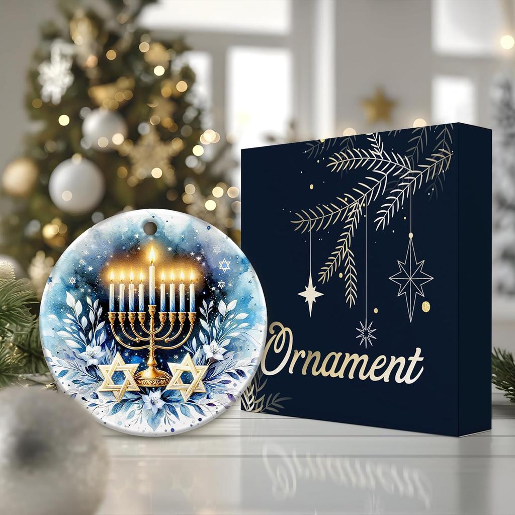 Hanukkah Ornament 2025 – White Elephant Gift, Elegant Menorah & Star of David Ceramic Round Decoration with Blue Floral Design – Festival of