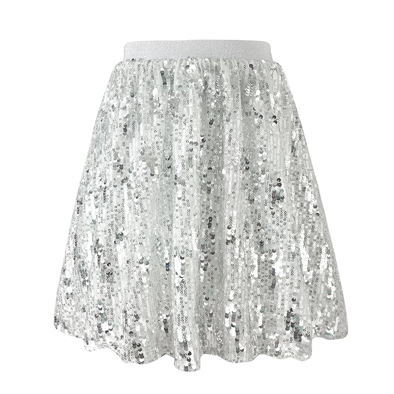 [Rolanko] sequins skirt kids girl dance skirt With inner pants everyday wear dance recital halloween cosplay disguise Christmas present silver 150