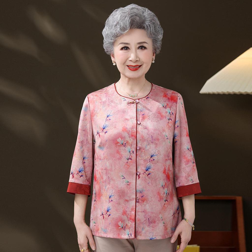 Imitation Silk Shirt for Elderly Women - Chinese National Style