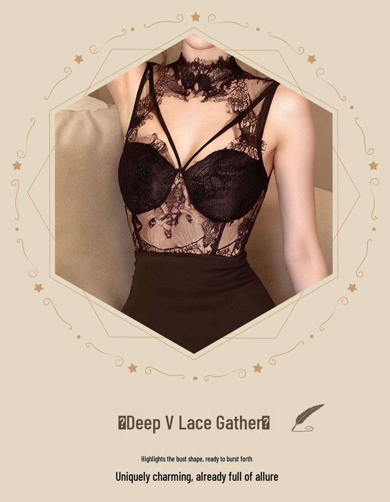 Women's Sexy Black Lace Patchwork Bodycon Dress with Hollow Out Design