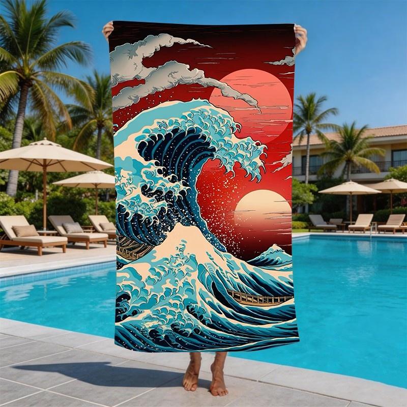 Wave Print Beach Towel Quick Dry Sandproof Swimming Towel Soft Absorbent Towel Oriental Art Summer Beach Towel