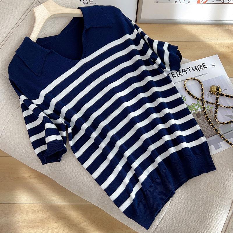 

ПОЛО Воротник Вязаный в полоску С коротким рукавом Летний Новый Свободный и Универсальный Приталенный Пуловер С коротким рукавом Хлопковый Топ XXL