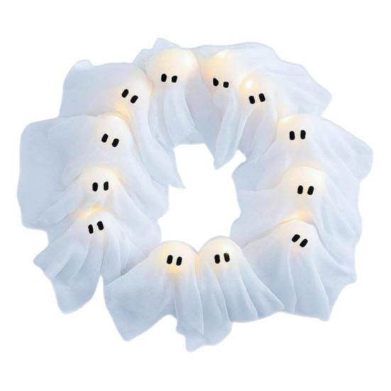 Lit Ghosts Wreath Halloween Ghost Garland with Lights Battery-Powered LED Light-Up White Spooky Garland Decoration