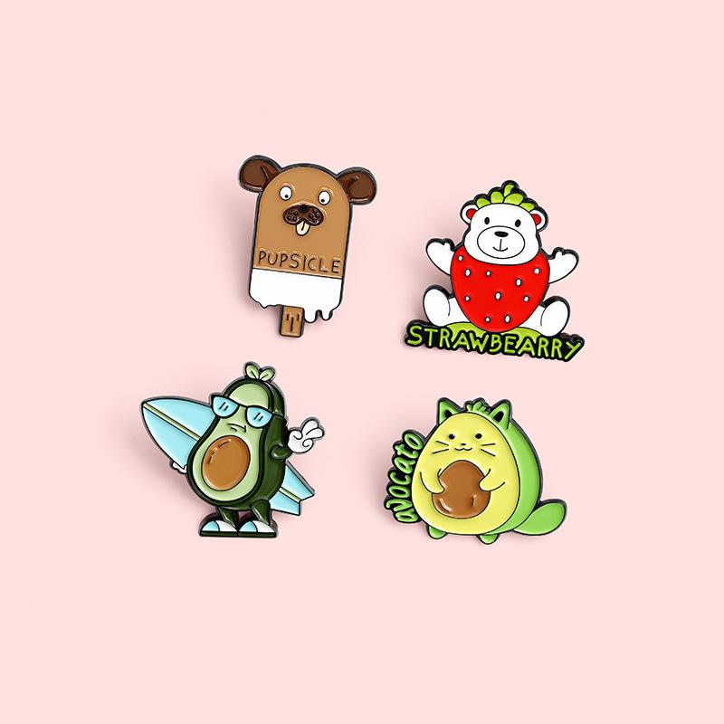Cartoon Cute Stylish Strawberry Bear Dog Ice Cream Avocado Finished Alloy Badge Brooch For Creative Accessory Wearers