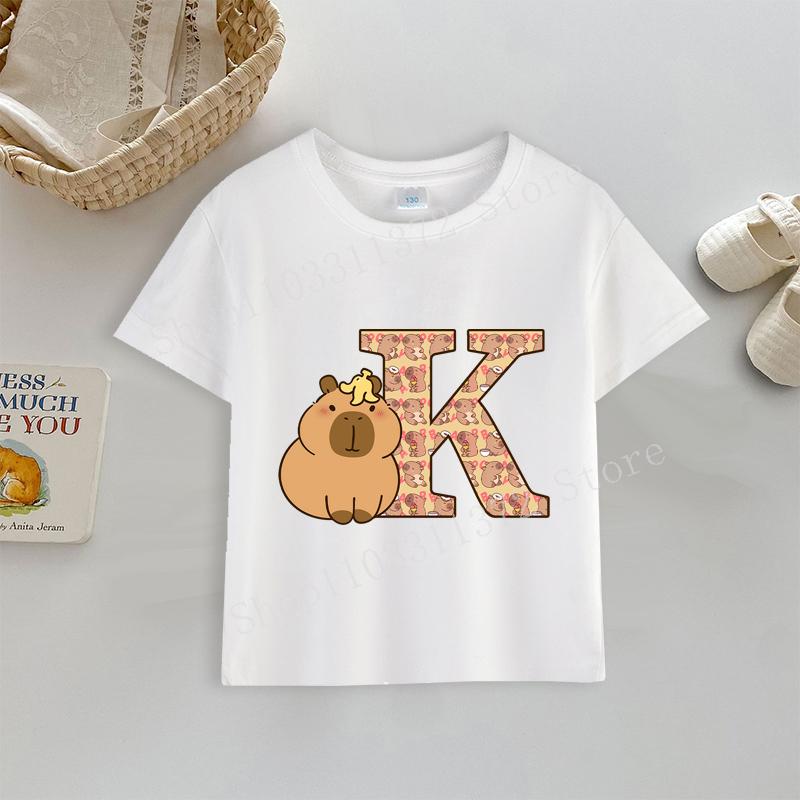 Tričko kapybara Potisk písmen A-Z Top Roztomilý Kreslený Anime Chlapecké Dívčí Oblečení Bavlna Kulatý Výstřih Kojenecké Krátký Rukáv Venkovní Oblečení