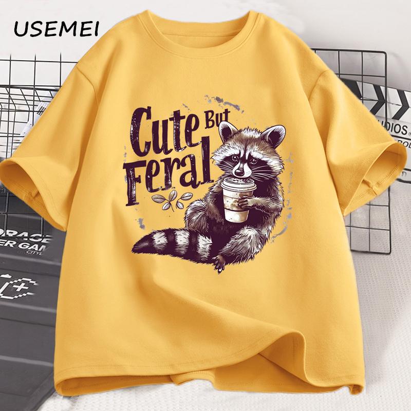 Cute But Feral T-shirts for Women Men Summer Funny Raccoon Adult Humor T Shirt Cotton Short Sleeve Vintage Designer Clothes