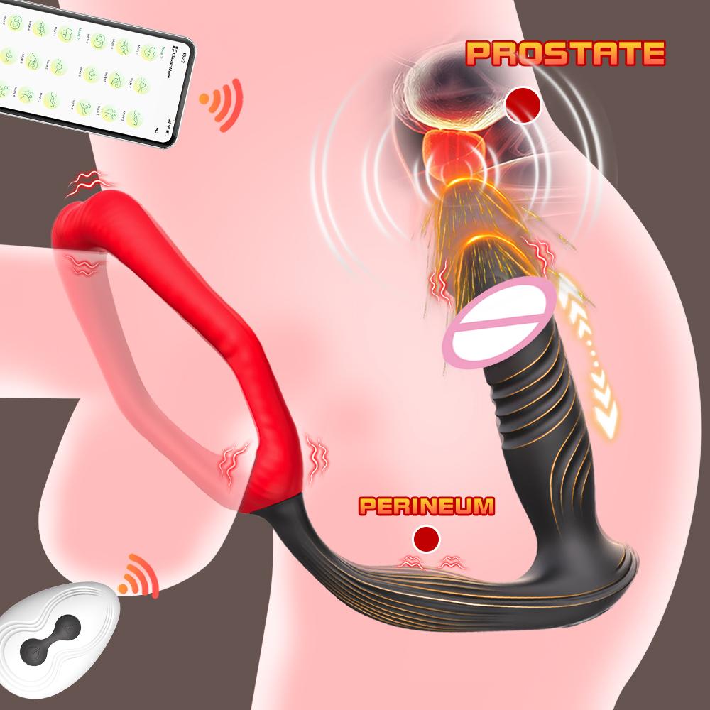 Remote and APP Control Male Prostate Massager Cock Rings Thrusting Butt Plug Vibrator Dildo Anal Plug For Men Woman Adult