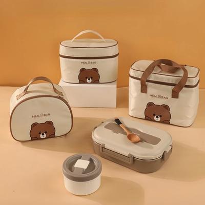 Borse per il pranzo in pelle con orso per bambini, grande capacità, borsa bento per bambini, isolata termicamente, con stoviglie, tazza, borsa da picnic
