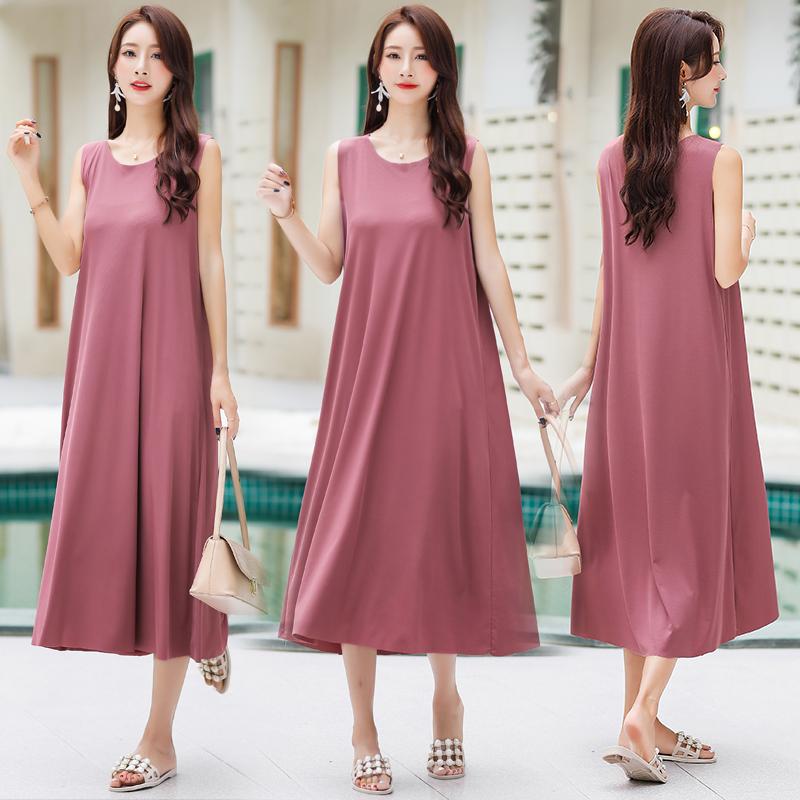 Καλοκαιρινό Αμάνικο Φόρεμα Γυναικείο Elasticity Μονόχρωμο Casual Plus Size Μακρύ Φόρεμα