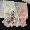 Summer Sweet Korean Style Pink Milk Silk Ribbed Camisole Pajamas for Women