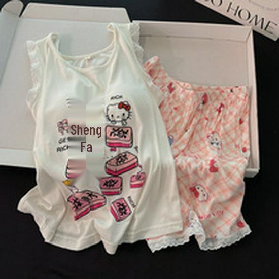 Summer Sweet Korean Style Pink Milk Silk Ribbed Camisole Pajamas for Women