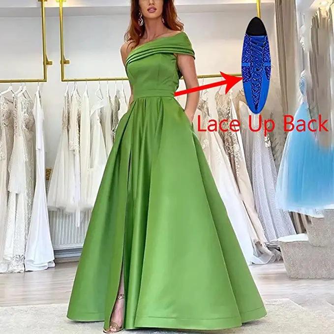Single shoulder satin dress evening dress birthday party tutu dress green split end sexy dress