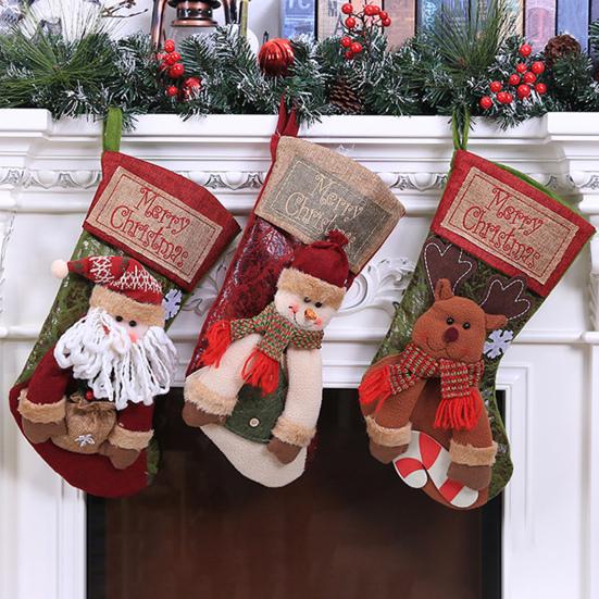 18" Christmas Stocking 3D Plush Santa Snowman Reindeer Design Hanging Burlap Stocking for Farmhouse Holiday Decor