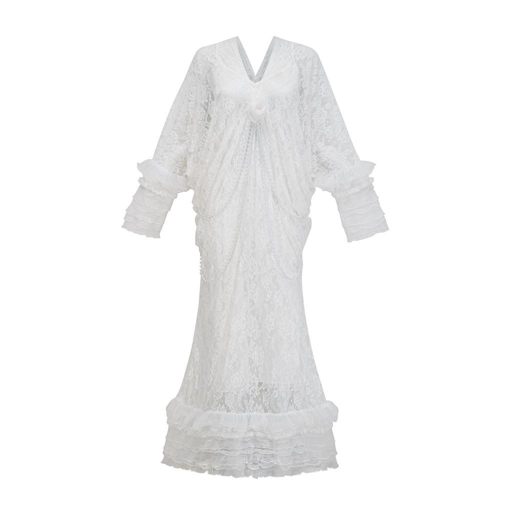 New Style of Literary and Elegant Long Skirt Veil Mesh Skirt Suspender Three-piece Set V-neck Long Sleeve Wedding Dress