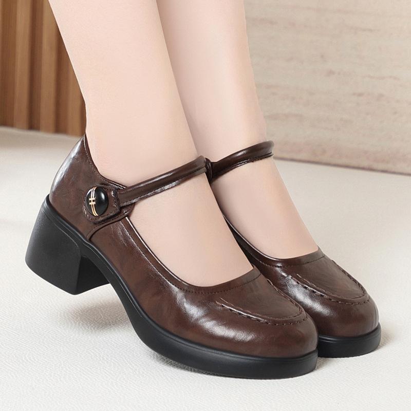 Women's Soft Leather High Heels Chunky Heels Elegant Single Shoes, Versatile One-strap Mary Jane Shoes