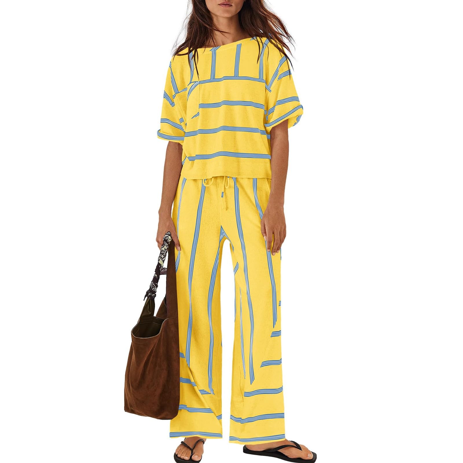 

Women s Fashion Striped Casual Resort Short Sleeve Top And Wide Leg Pants 2-Piece Set XL жовтий