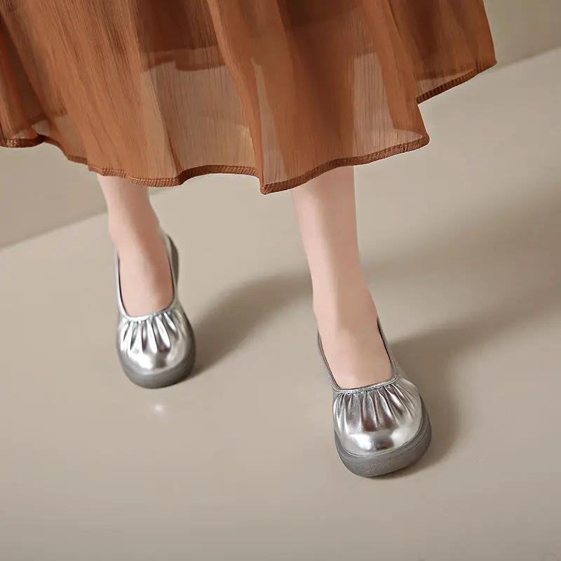 Fashion Women's Flat Shoes With Heel Wrinkles Slip-on Round Toe Beige Ladies Footwear Vacation 2025 Trend Stylish Quick Delivery Shoe 39
