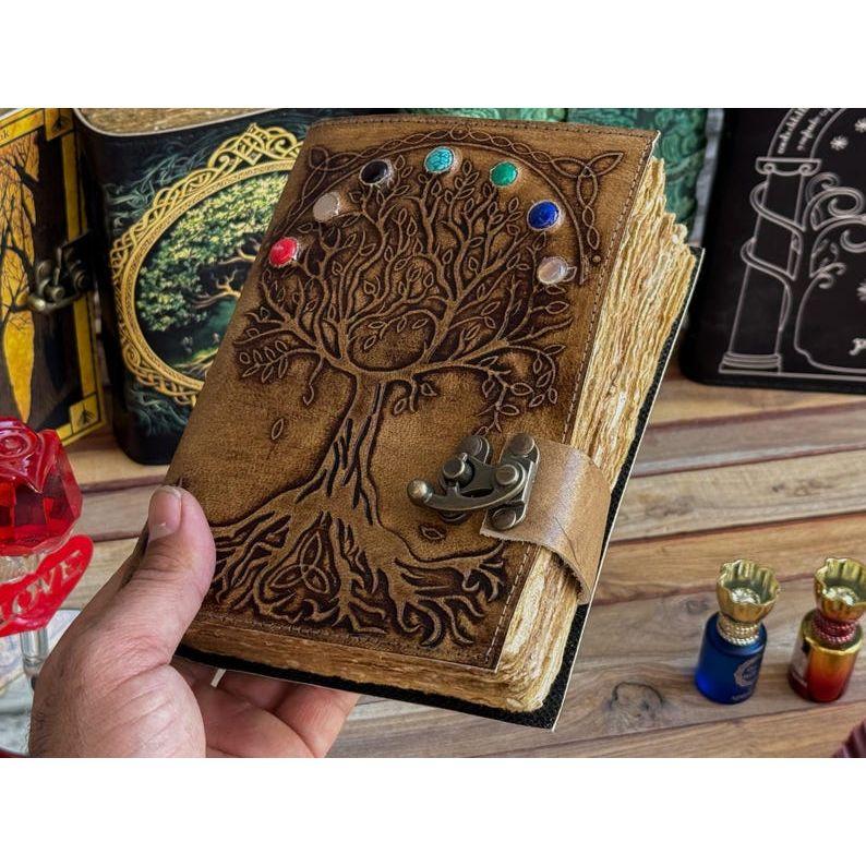 Leather Journal seven stone Tree Of Life Notebook blank sketchbook Traveling Notepad deckle edge pepar with 7 Stone For Men Women best gift