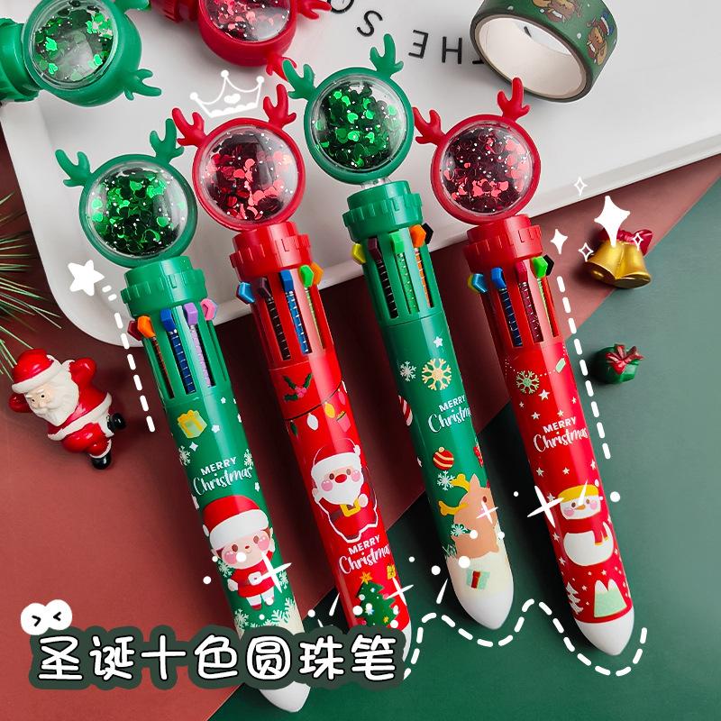 1 Pcs New Christmas Santa Press‑Type Ballpoint Pens 10‑Color 0.5mm Multicolour Pen Student School Xmas Stationery Supplies