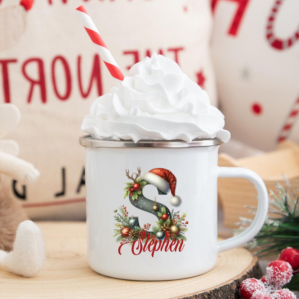 Personalisierte Tasse mit individuellem Namen 26 Buchstaben Emaille Weihnachtsbecher, Geschenk für sie, Weihnachts-Kaffeetasse, Frohe Weihnachten Geschenk