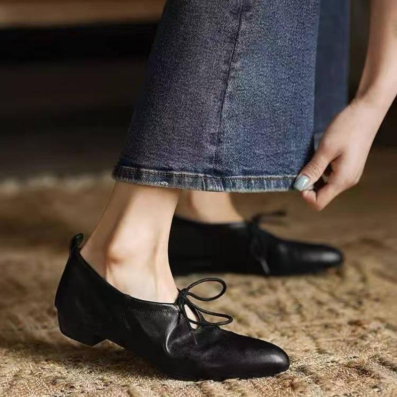 2025 Frühling Damen Echte Slipper Niedrig Absatz Vintage Schnürschuhe Elegant Komfort Freizeitschuhe Frau 35-40 Einzelne Schuhe