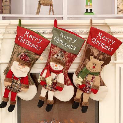 Linen Cloth Christmas Stockings With Santa Claus Snowman Reindeer Pattern For Christmas Decorations