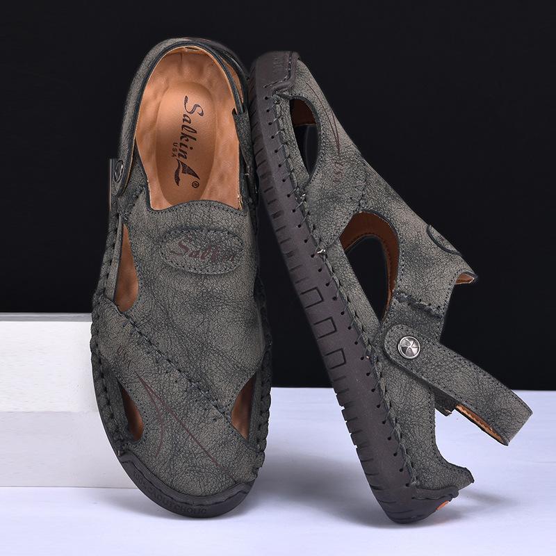 Fashion New Handmade Summer Sandals Men Breathable Leather Shoes Man Outdoor Men Sandals Antiskid Beach Sandals Hollow Shoes Fashion